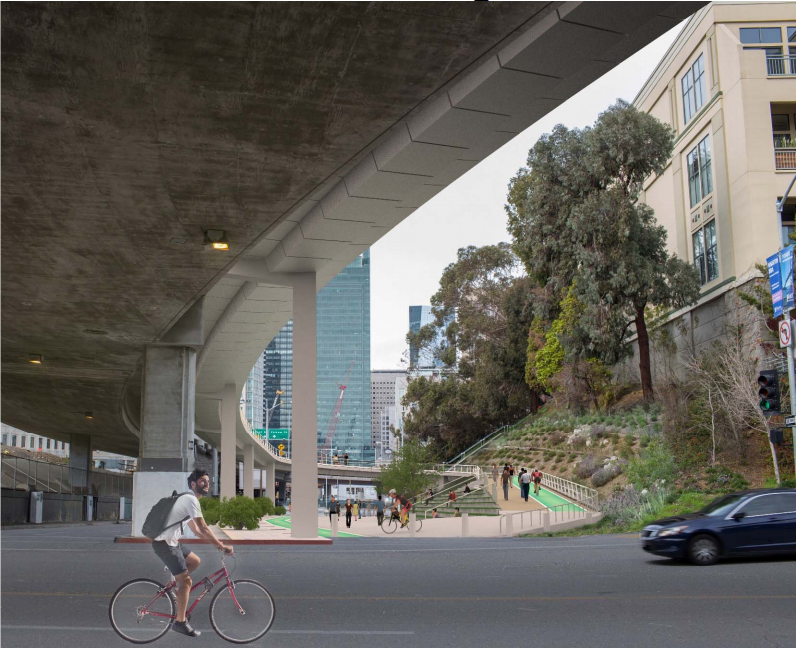 Concept proposed for a bike-ped landing of the West Span of the Bay Bridge at Essex Street in San Francisco. Image courtesy of the Metropolitan Transportation Commission. 