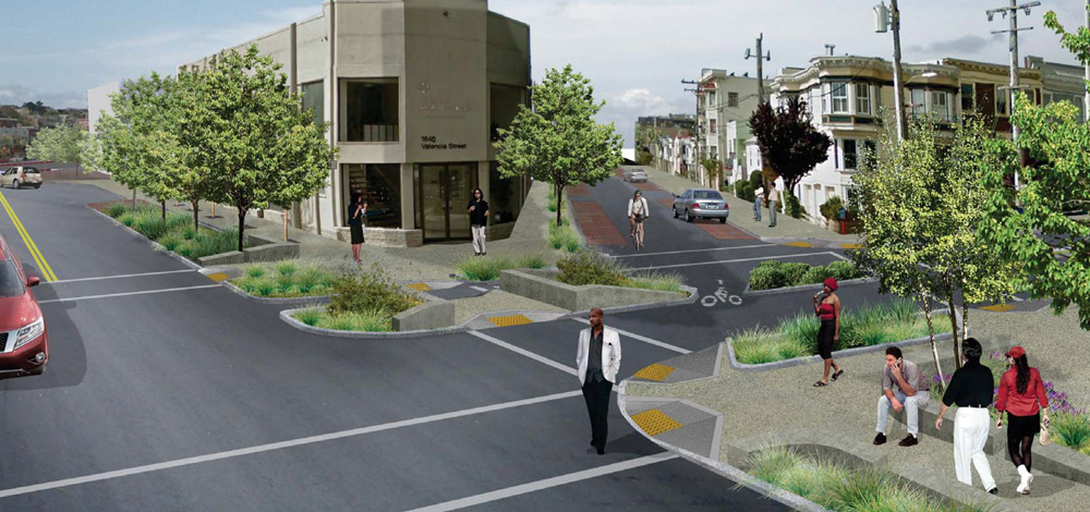 Raised Bikeway Rendering of Valencia and Duncan Plaza (SF PUC)