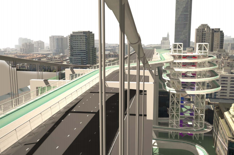 Concept for the terminus of a suspended bike-ped path from the West Span of the Bay Bridge in San Francisco. Image courtesy of the Metropolitan Transportation Commission. 