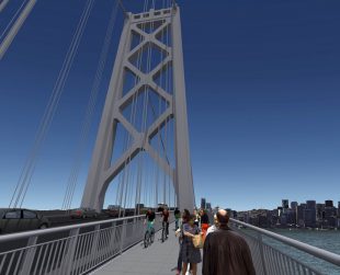 A rendering of the Bay Bridge's western span path for people walking and biking. With community input, designers have concluded that attaching the path on the bridge's north side is preferred, permitting for incredible views of the San Francisco skyline. 