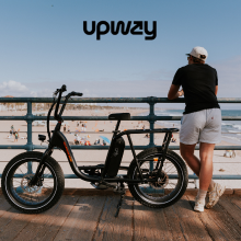 a person with an ebike next to them stands on a pier looking out at a beach