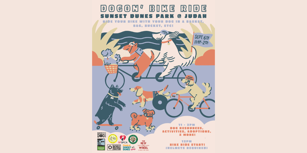 Illustration of dogs riding bikes with text that says "Dogon' Bike Ride, Sunset Dunes at Judah"