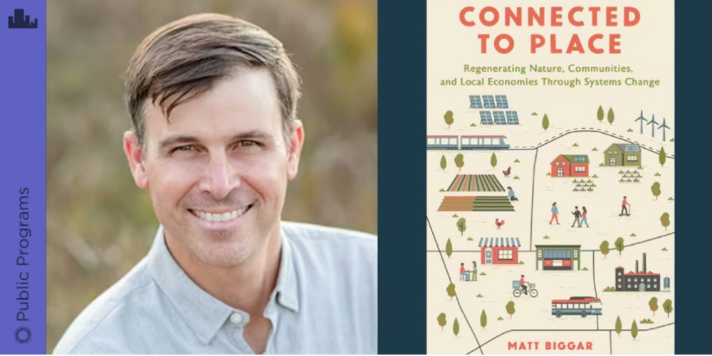 A headshot of a man smiling next to a photo of a book cover, titled "Connected to Place"